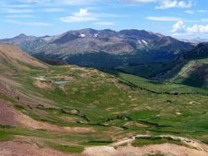 Looking west from the pass towards Purity Basin and the Treasure Mountains