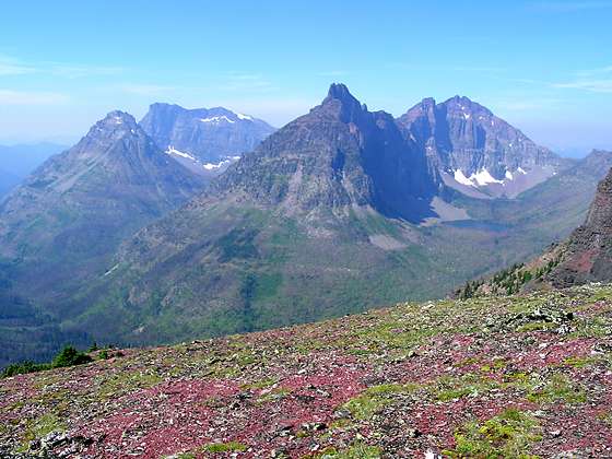 Looking west toward Vigil Peak,Battlement Mountain, Statuary Mountain and Church Butte from Two Medicine Pass